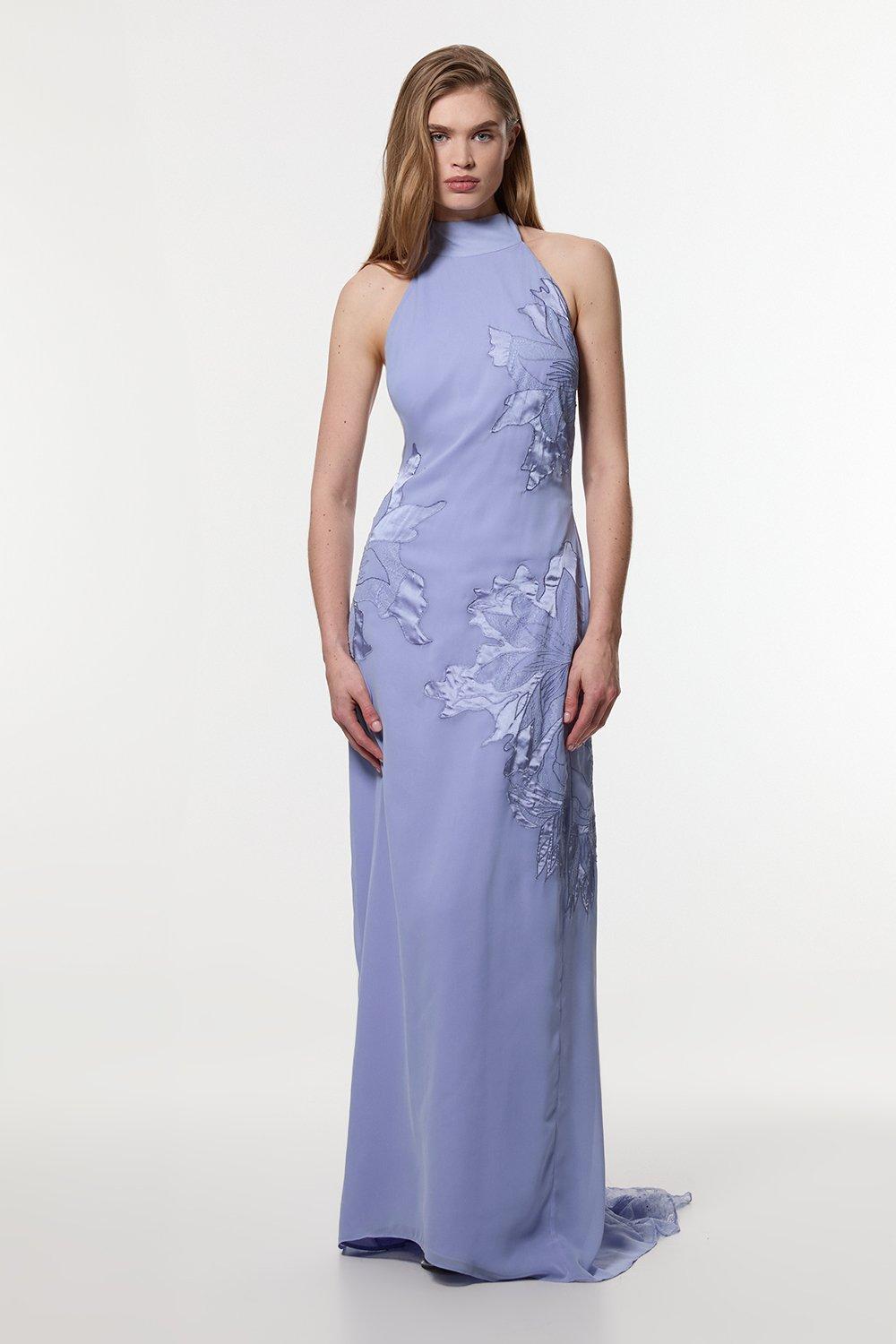 Applique And Lace Georgette Woven Halter Maxi Dress - Blue