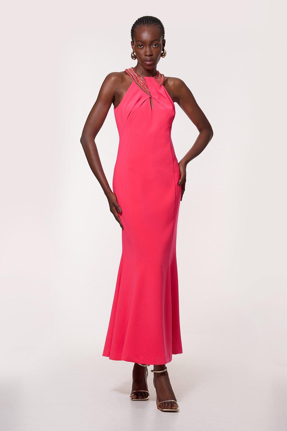 Enamel Chain Detail Halter Maxi Dress - Pink