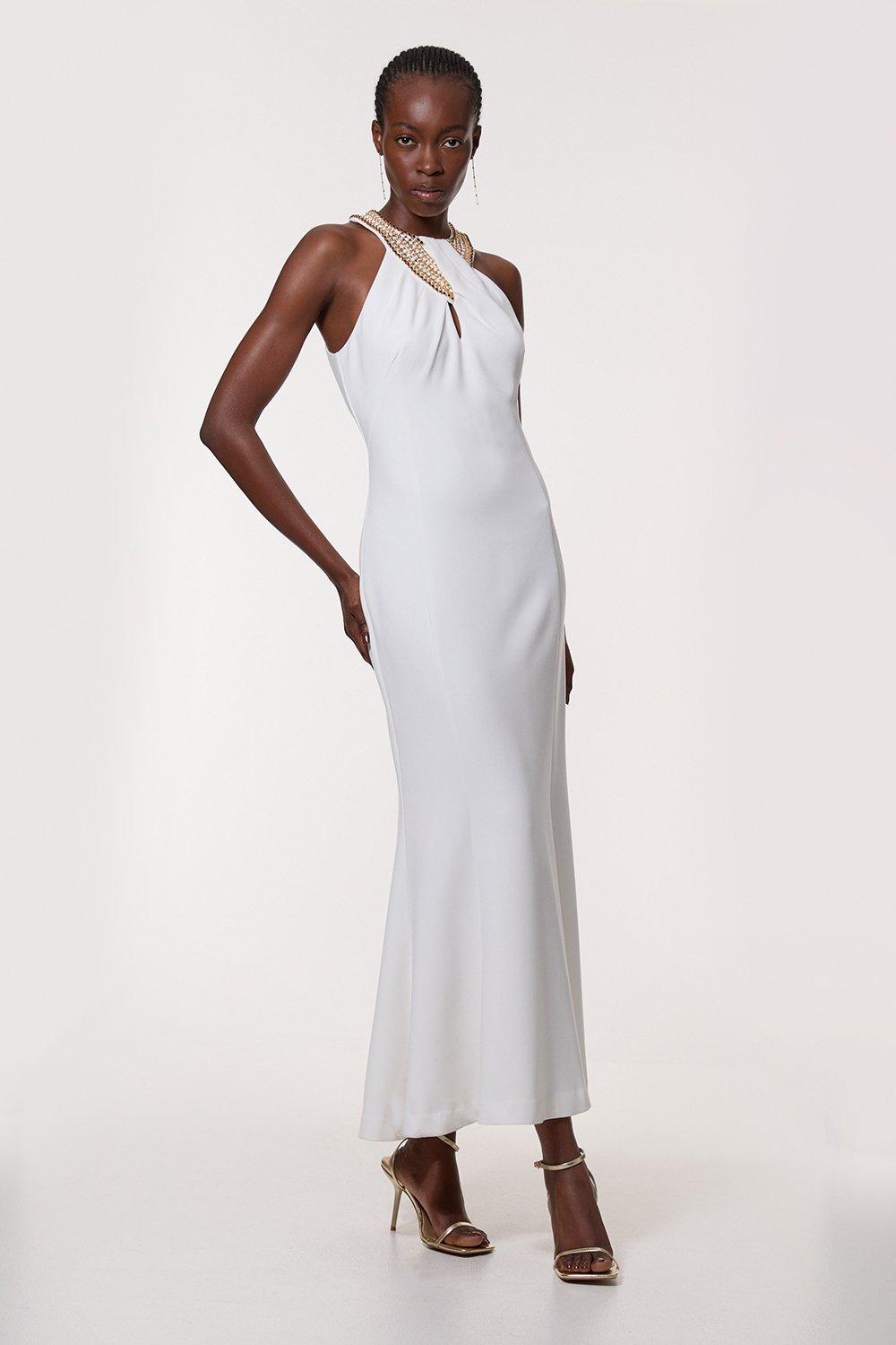 Petite Enamel Chain Detail Halter Maxi Dress - Ivory