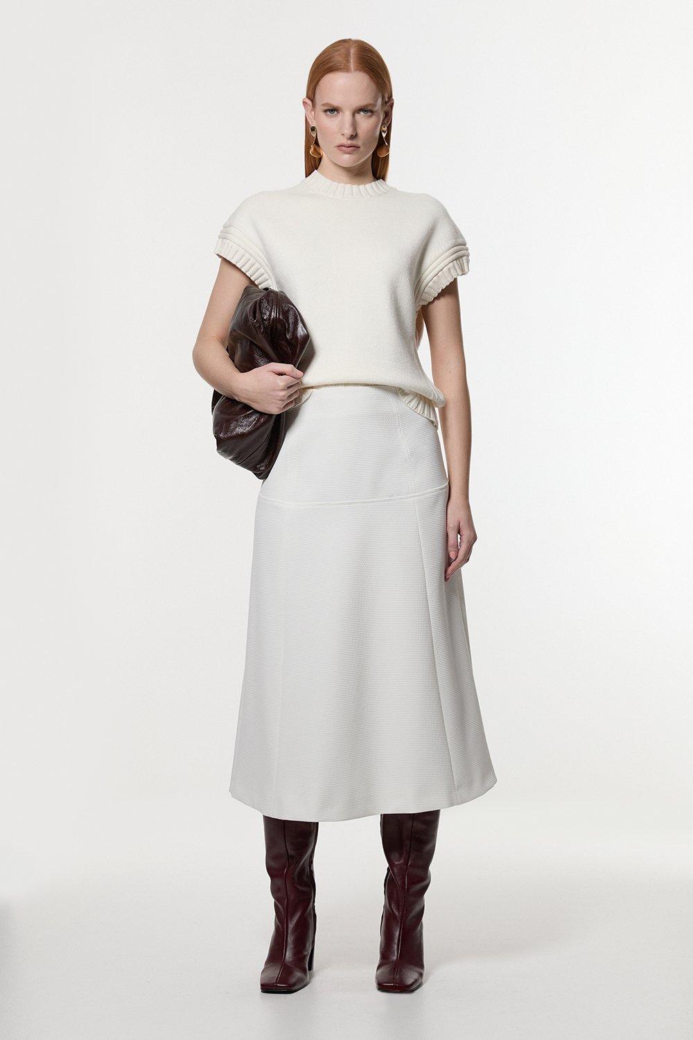 Tailored Textured Full Midi Skirt - Ivory