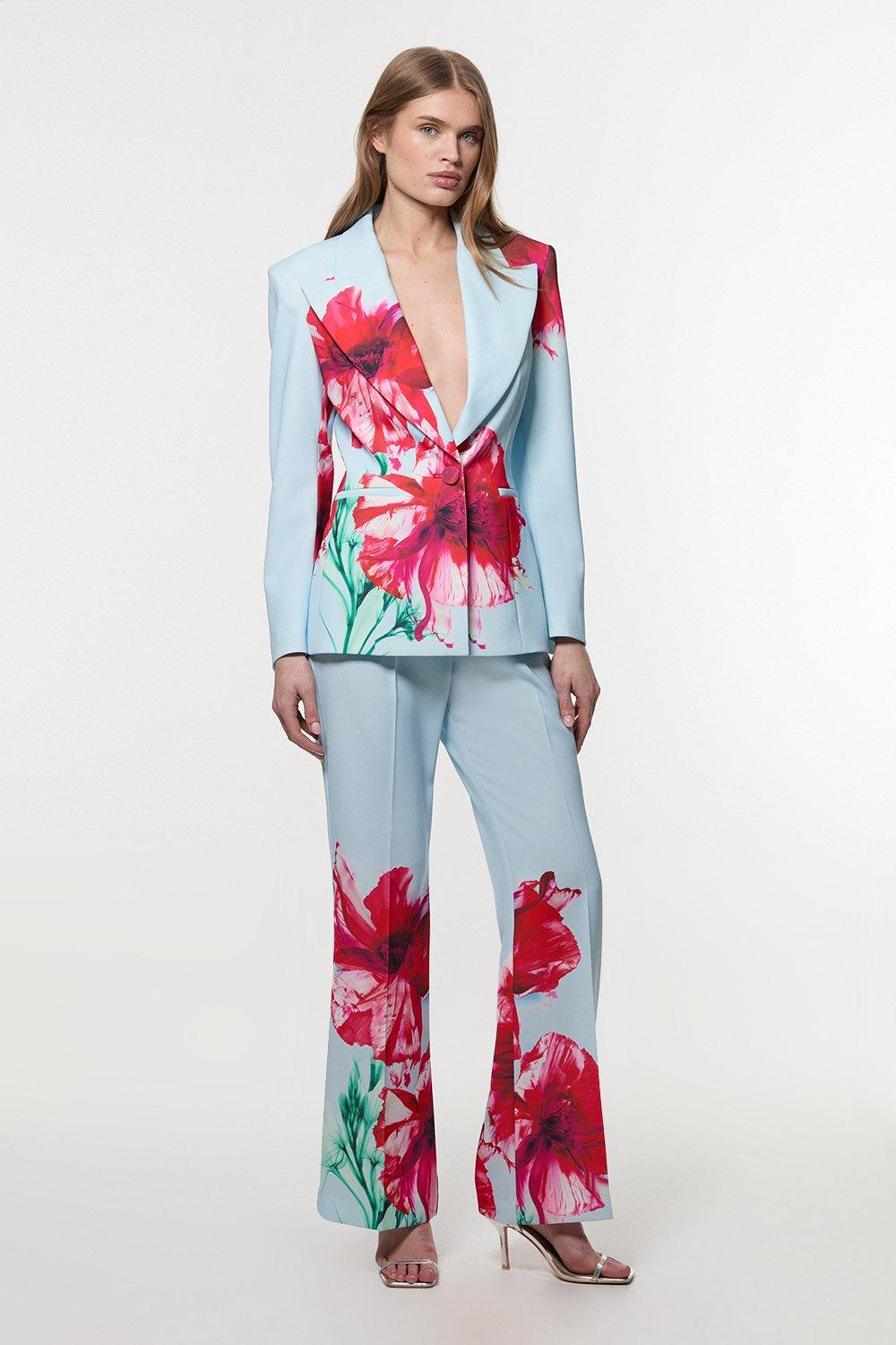 Tailored Crepe Placed Floral Wide Leg Trouser – Blue