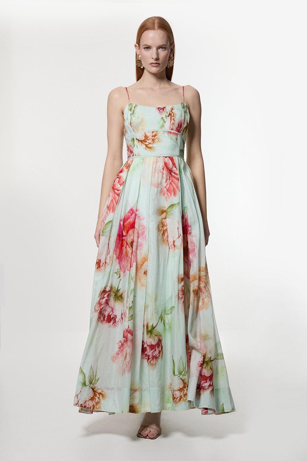 Silk Cotton Mirrored Strappy Woven Maxi Dress - Floral
