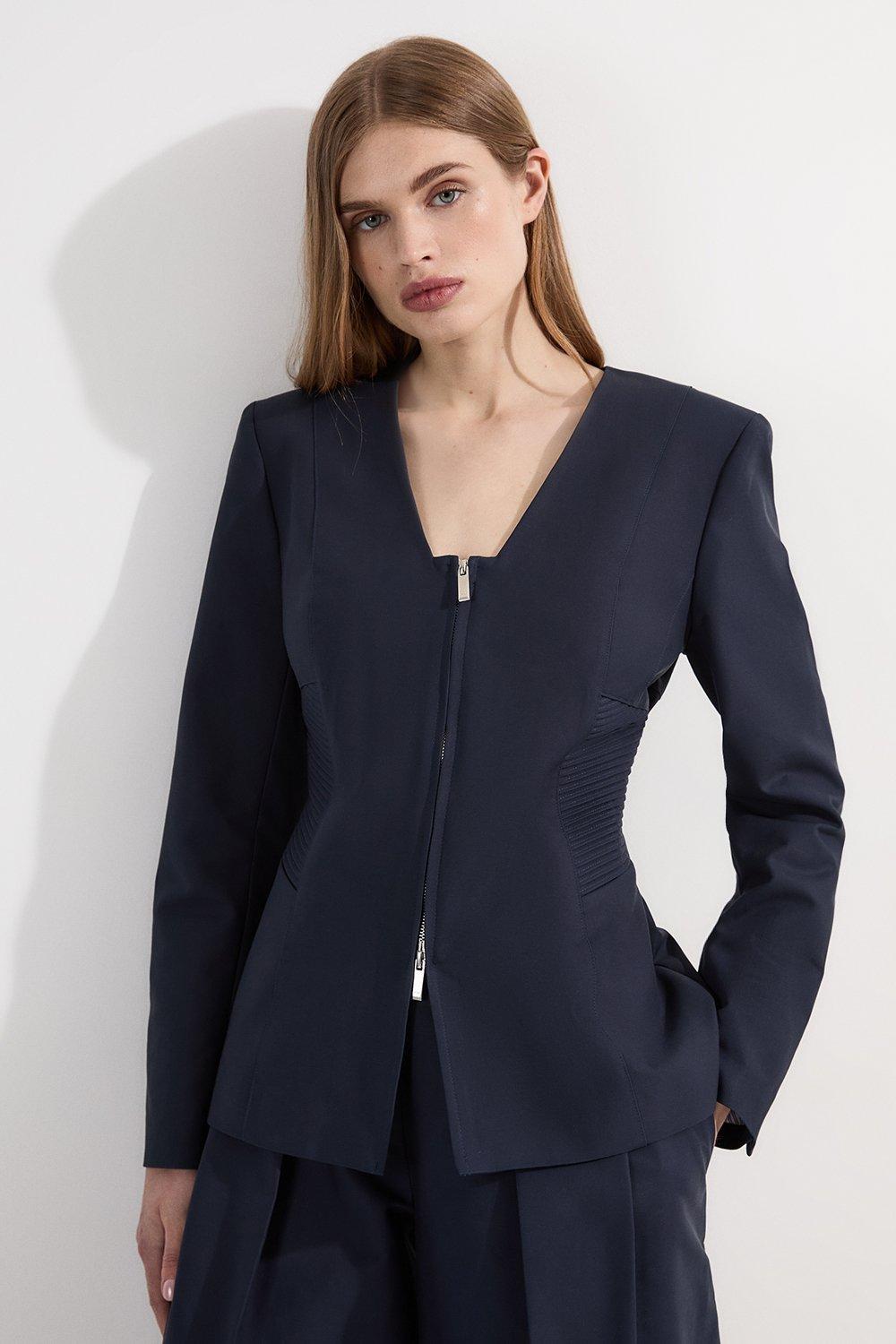 Archive Collection - Tailored Cotton Pintuck Grosgrain Zip Front Blazer - Navy