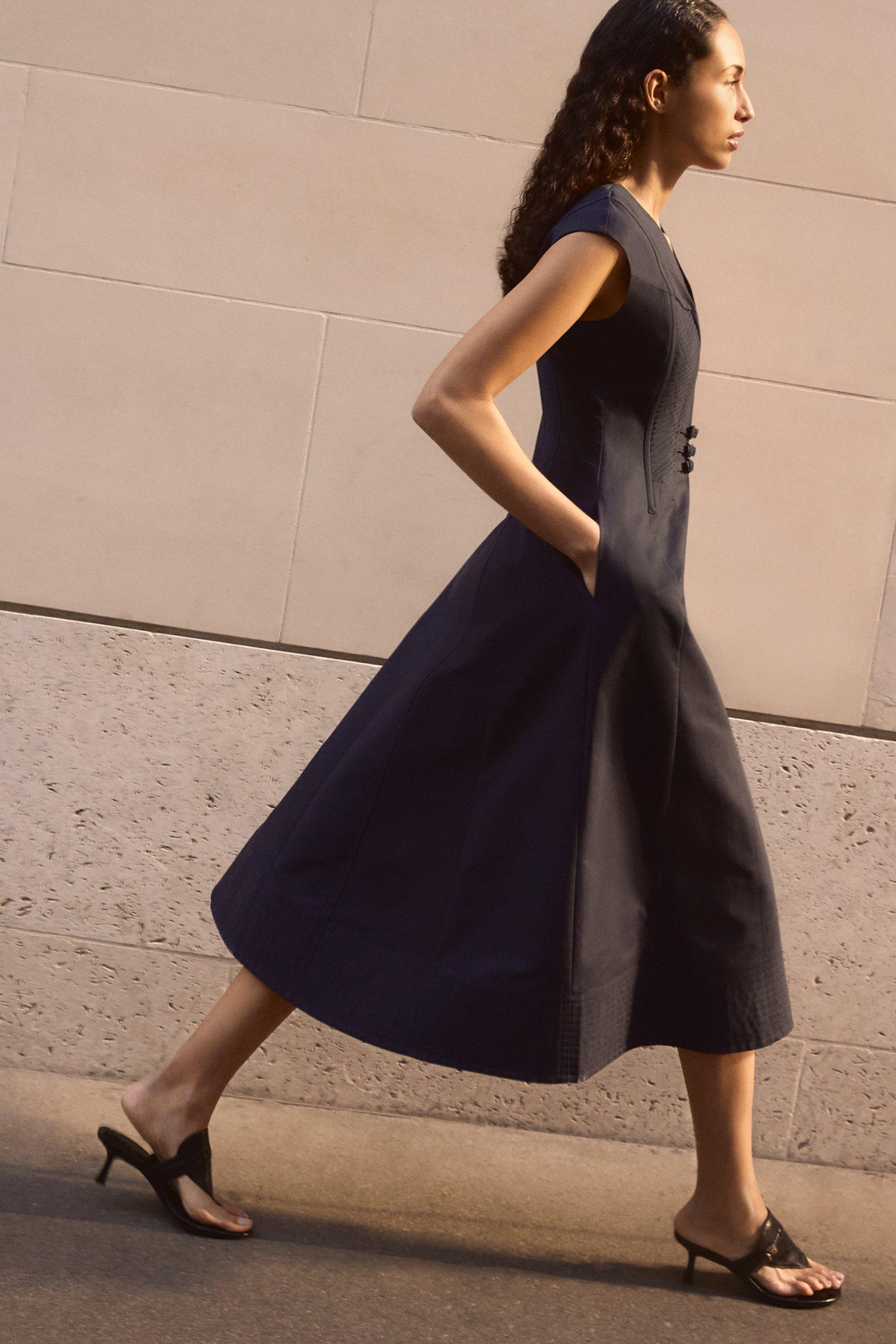 Archive Collection – Tailored Cotton Pintuck Grosgrain Corset Maxi Dress – Navy