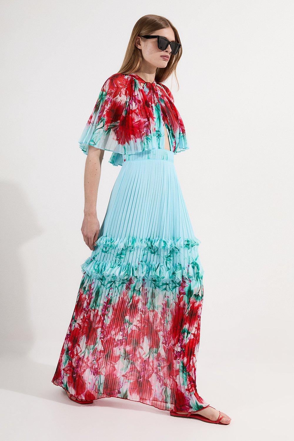 Floral Pleat Detail Woven Maxi Dress - Blue