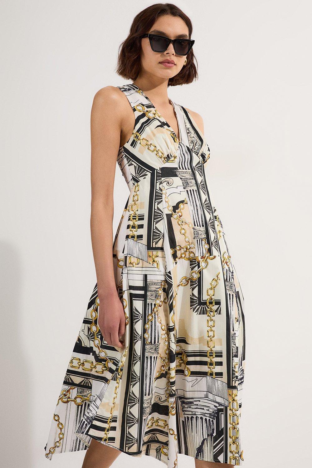Petite Roma Print Cotton Sateen Dipped Hem Woven Midi Dress