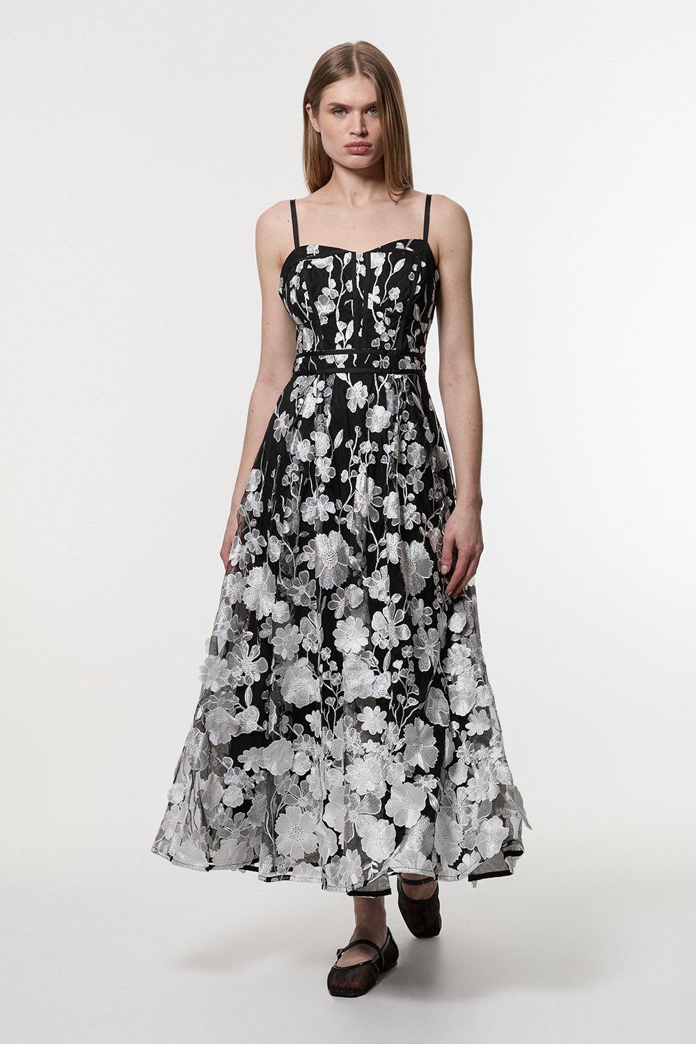 Floral Applique Corset Detail Woven Midi Dress – Mono