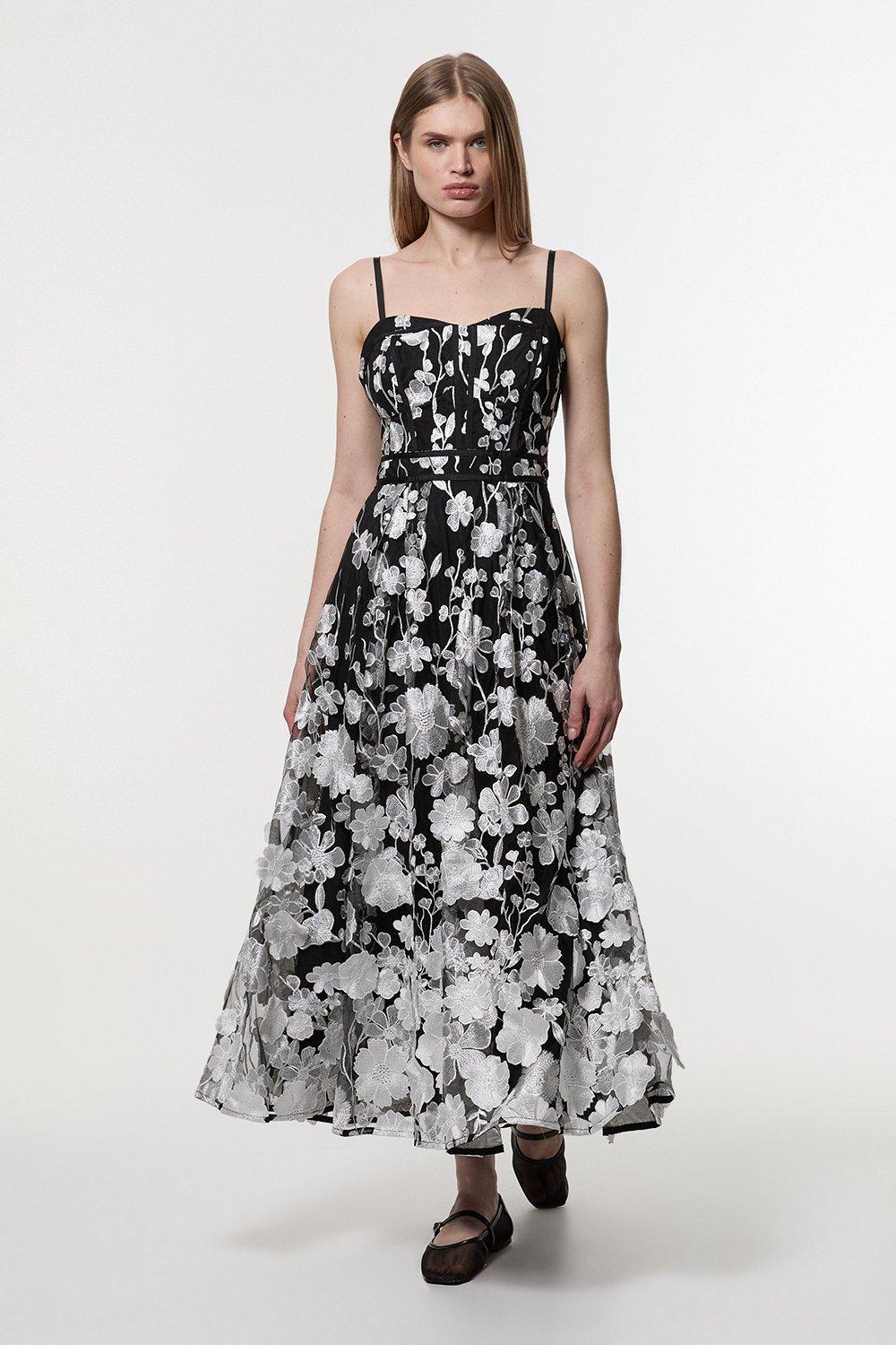 Petite Floral Applique Corset Detail Woven Midi Dress – Mono