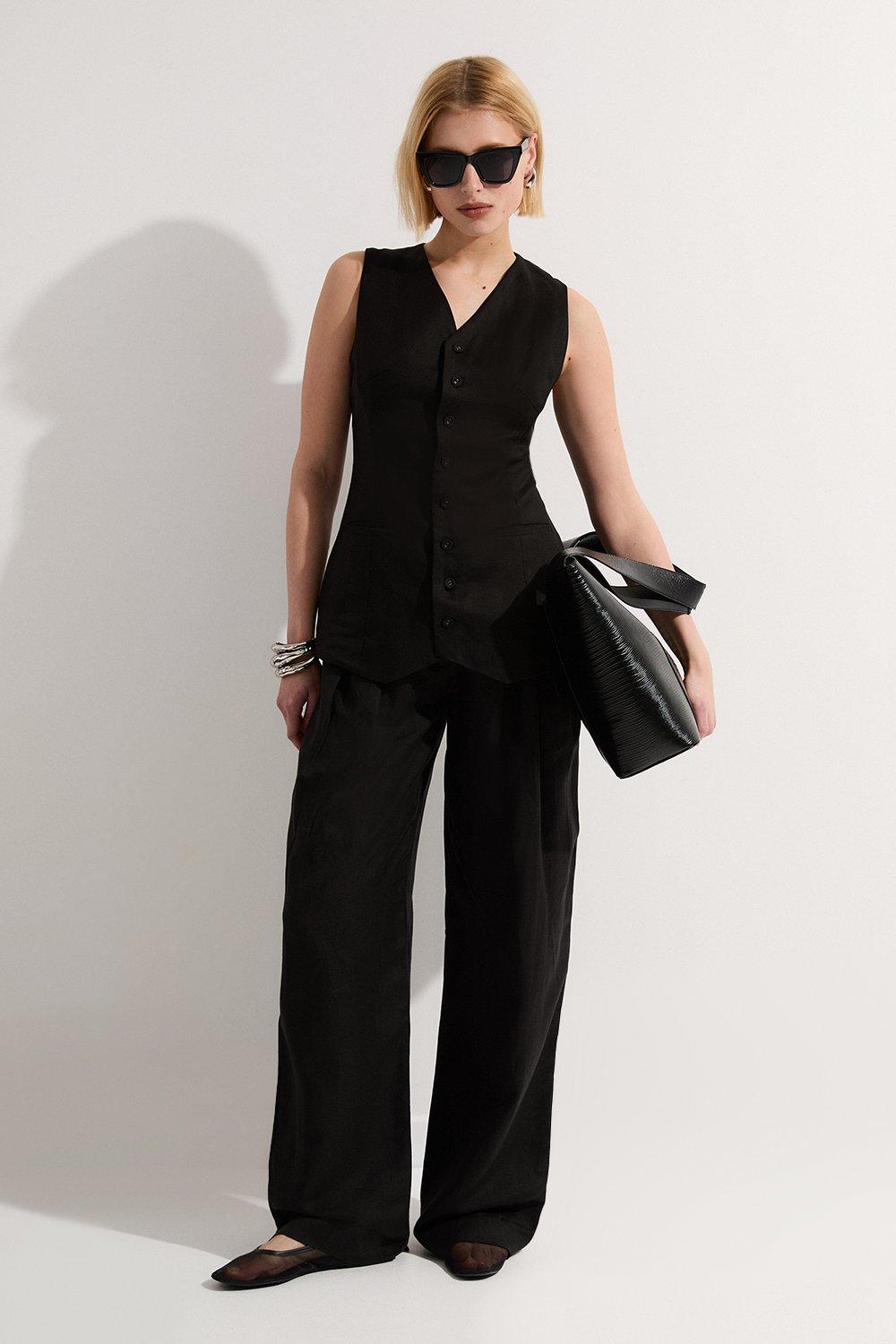 Viscose Linen Pleat And Pocket Detail Woven Straight Leg Trouser - Black