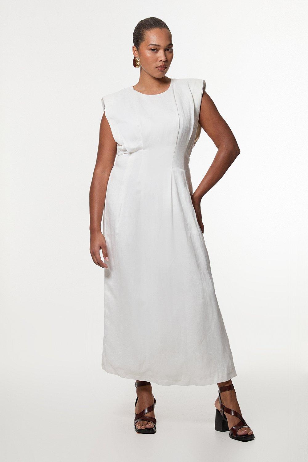 Plus Size Viscose Linen Woven Pintuck Midi Dress - White