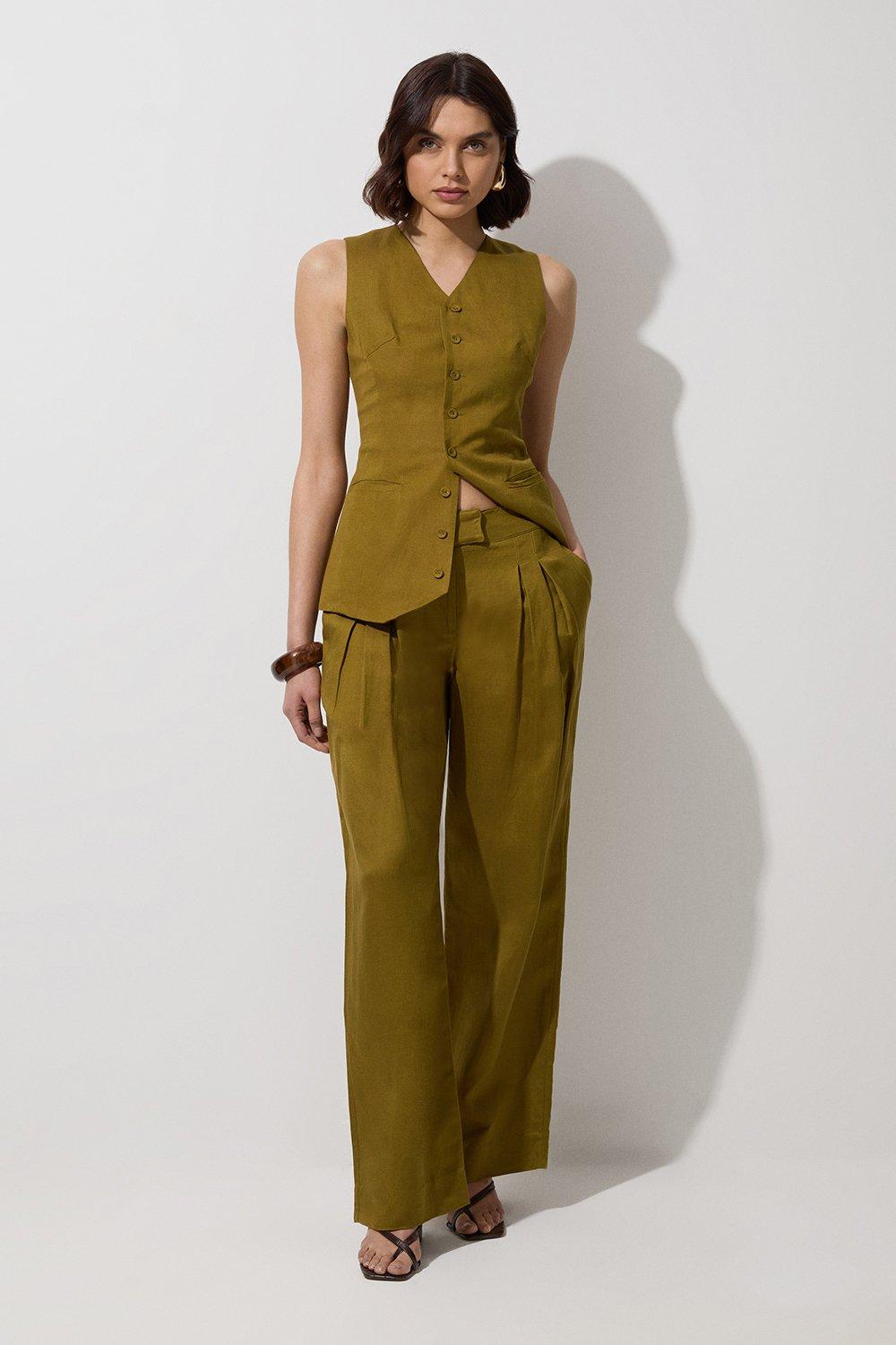 Tall Viscose Linen Pleat And Pocket Detail Woven Straight Leg Trouser – Khaki/Green