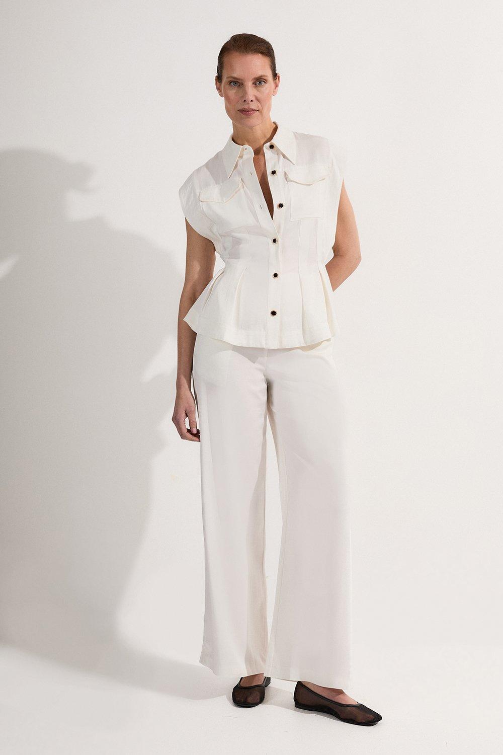 Petite Premium Viscose Linen Woven Straight Leg Trouser - White