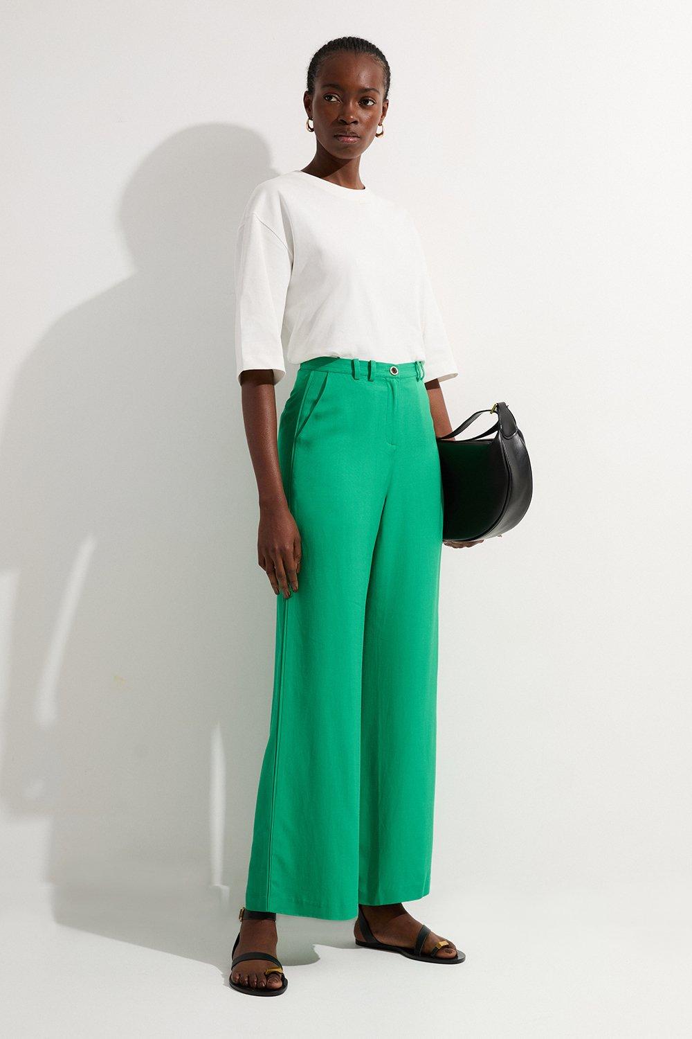 Petite Premium Viscose Linen Woven Straight Leg Trouser – Green