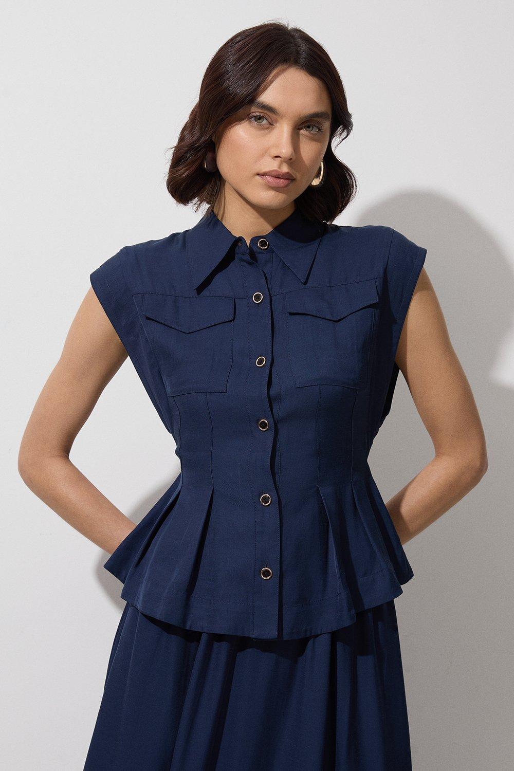 Premium Viscose Linen Topstitch Woven Blouse With Waist Seam Detail - Navy