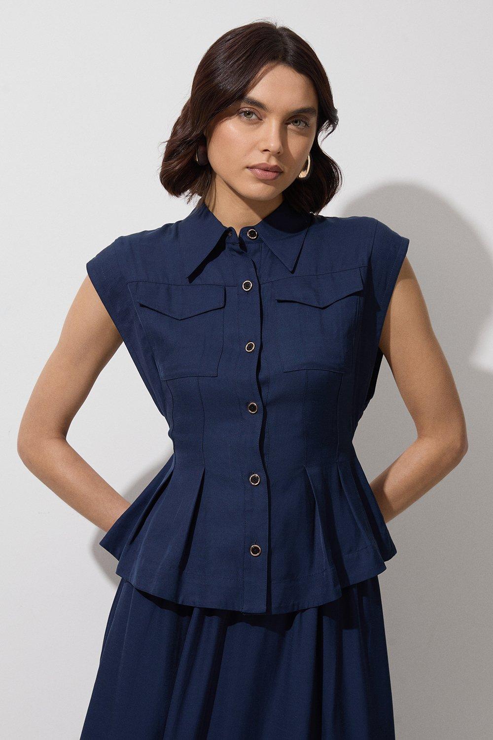 Tall Premium Viscose Linen Topstitch Woven Blouse With Waist Seam Detail - Navy