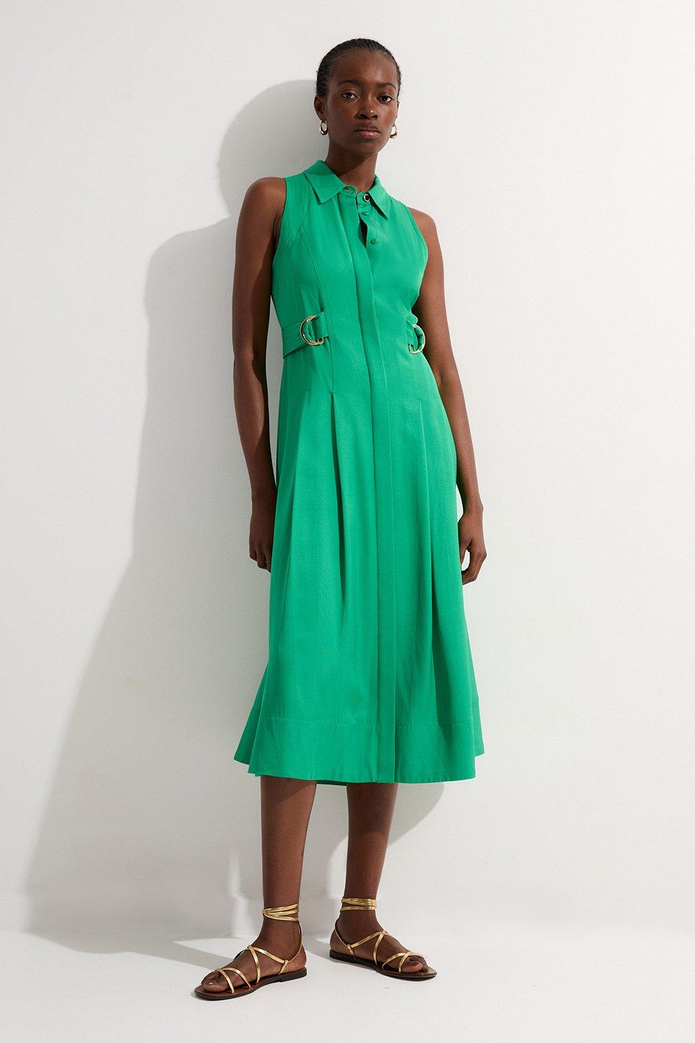 Petite Premium Viscose Linen Topstitch Halter Neck Woven Midi Dress With D Ring Detail - Green