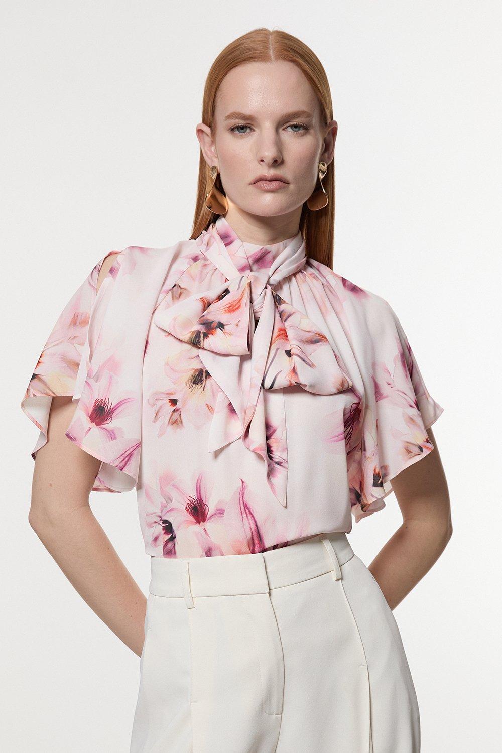 Georgette Tie Neck Woven Print Top - Floral