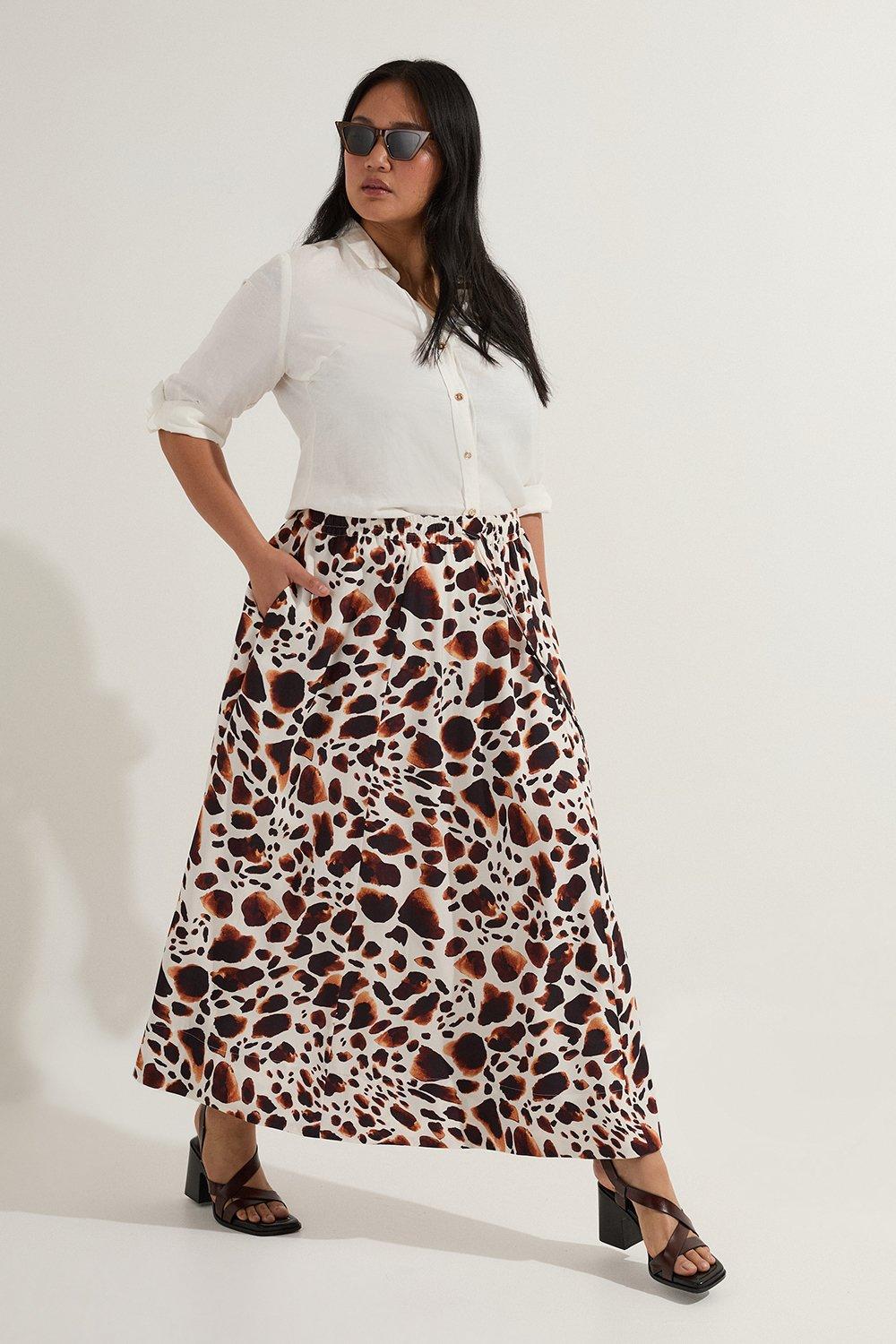 Plus Size Premium Viscose Linen Tie Waist Woven Skirt - Animal