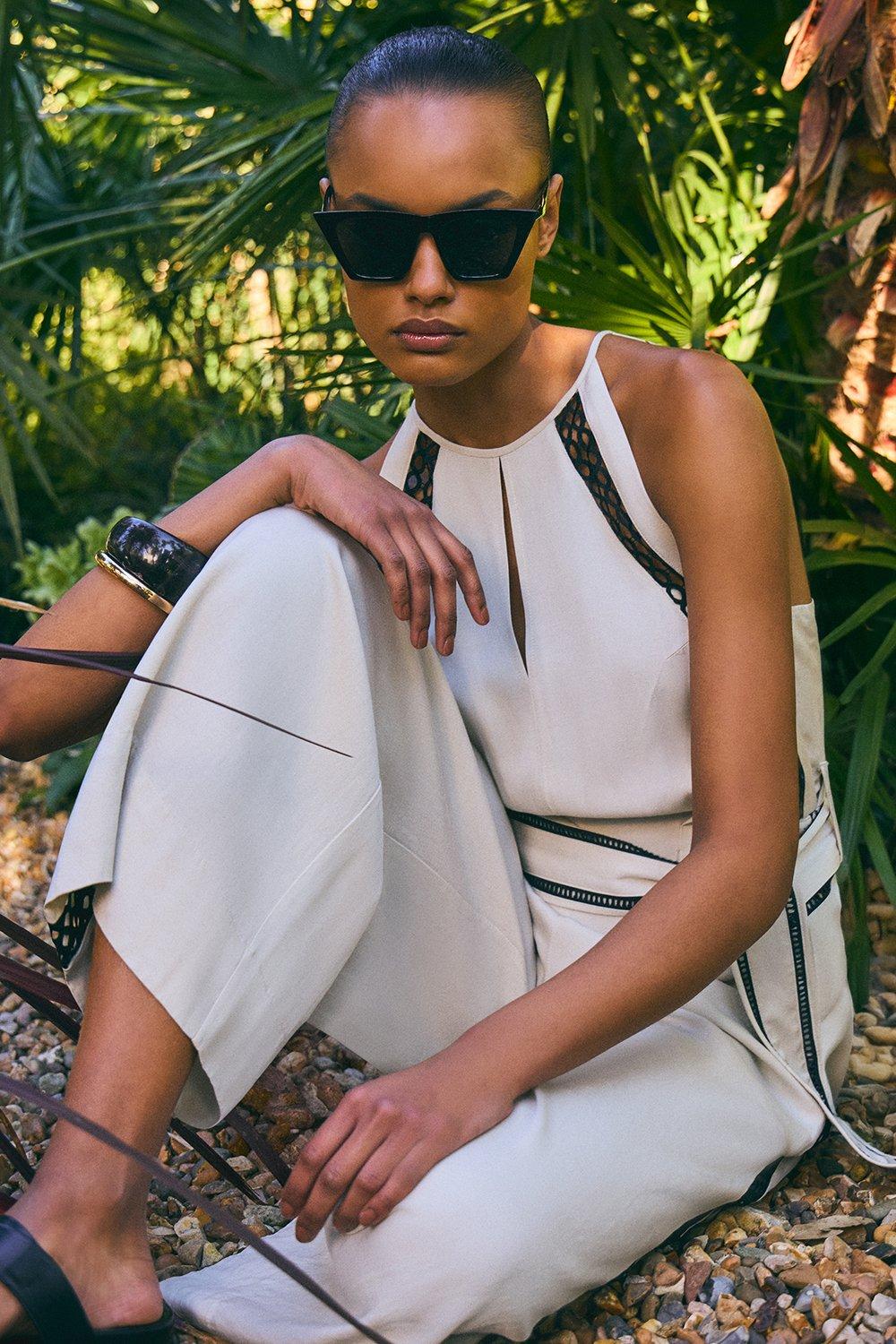 Viscose Linen Woven Jumpsuit With Lace Trim - Brown