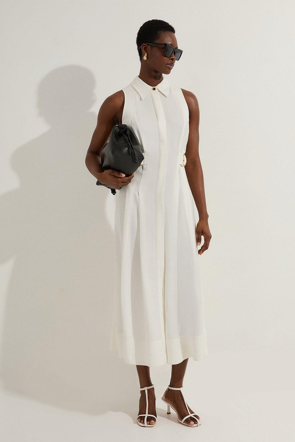 Petite Premium Viscose Linen Topstitch Halter Neck Woven Midi Dress With D Ring Detail - White