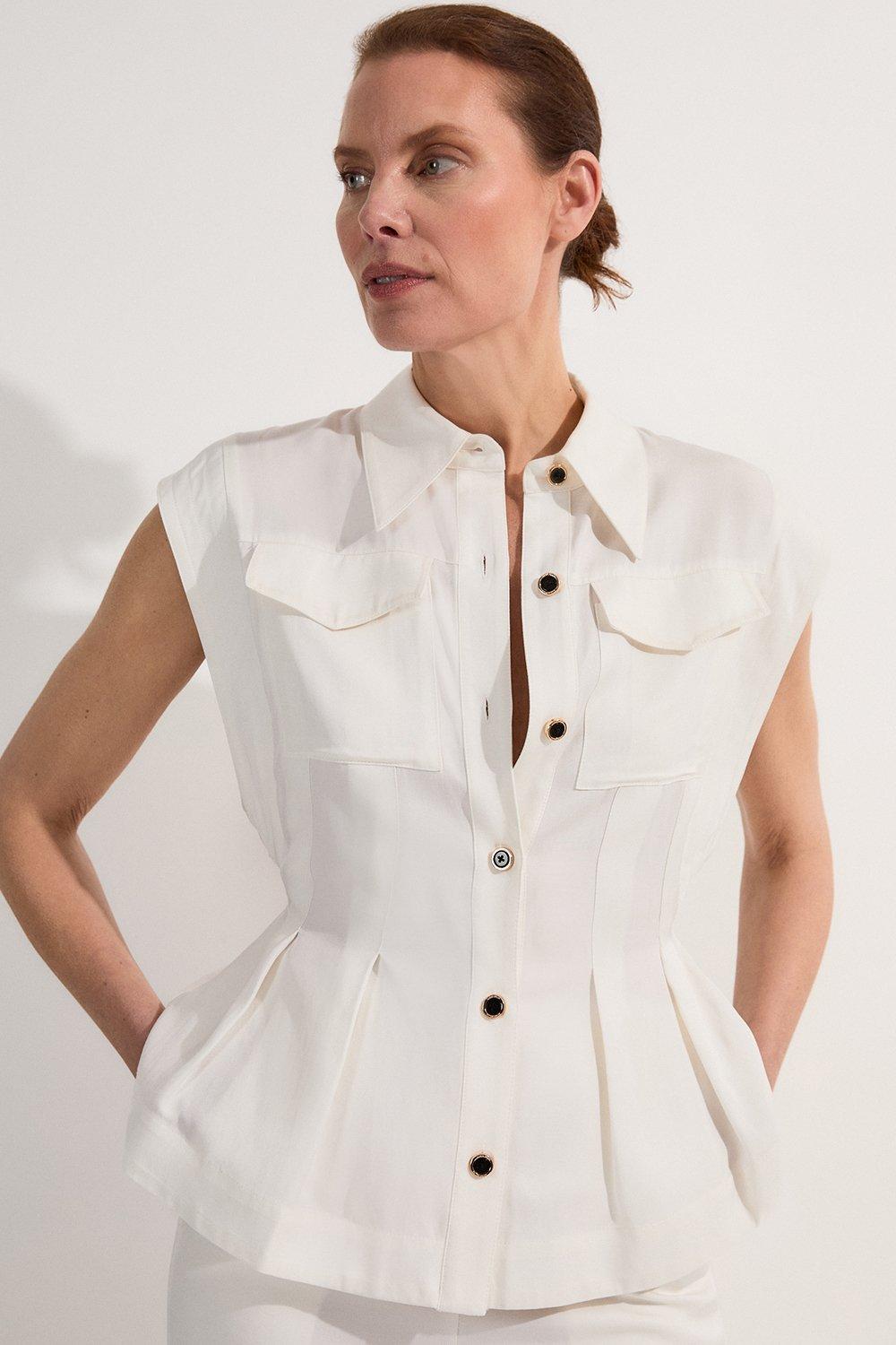 Tall Premium Viscose Linen Topstitch Woven Blouse With Waist Seam Detail - White