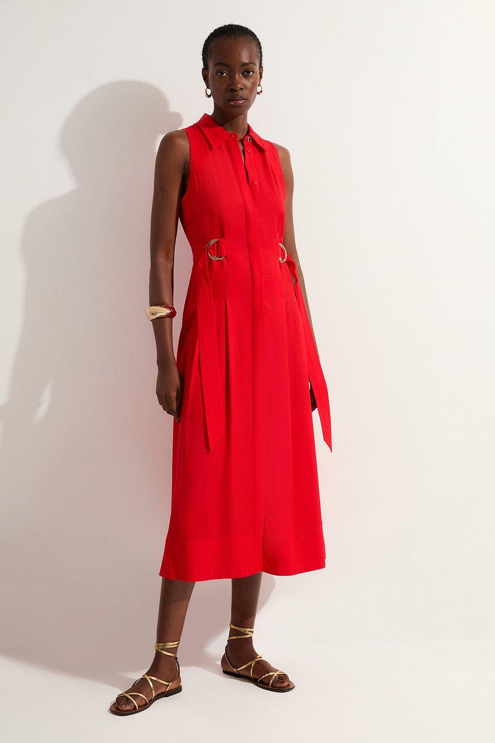Petite Premium Viscose Linen Topstitch Halter Neck Woven Midi Dress With D Ring Detail - Pink