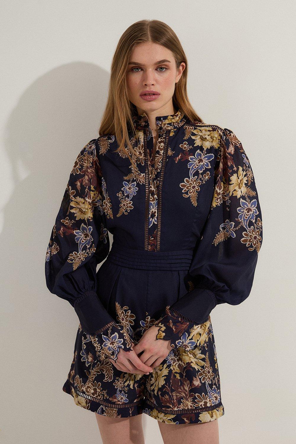 Tall Voile Floral Border Print Woven Playsuit With Ladder Lace Trim – Navy
