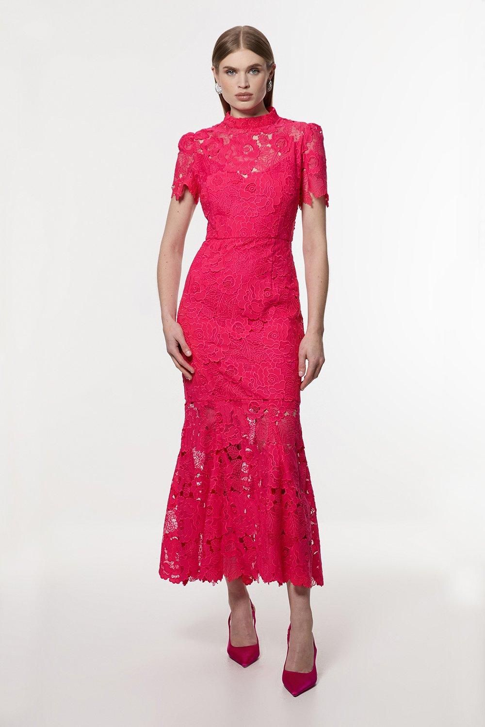 Guipure Lace High Neck Woven Midi Dress - Pink