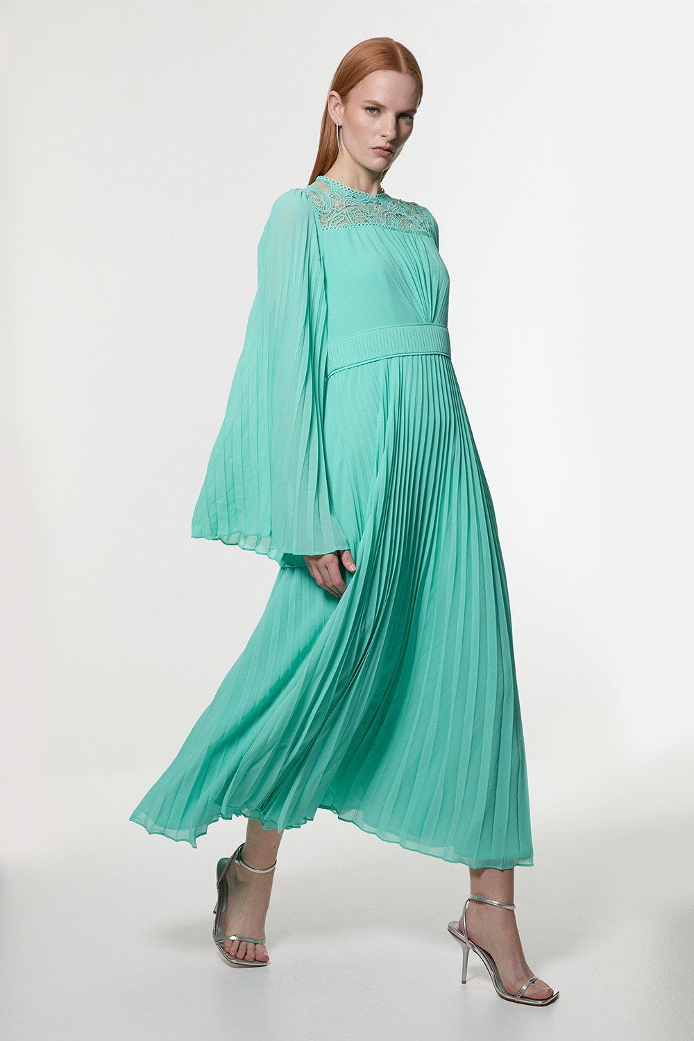 Soft Pleated Woven Kimono Sleeve Maxi Dress - Turquoise