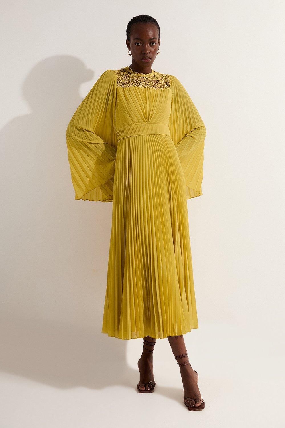 Soft Pleated Lace Detail Woven Kimono Sleeve Maxi Dress – Yellow