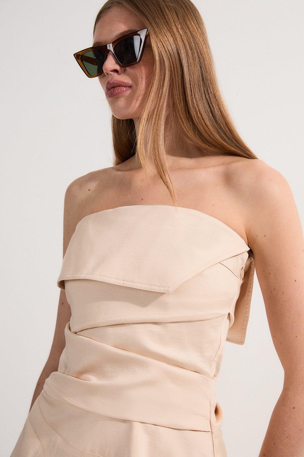 Premium Linen Structured Pleated Tailored Bandeau Top - Neutral
