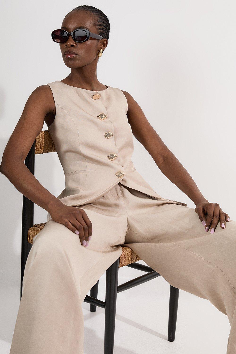 Linen Viscose Tailored Statement Button Front Waistcoat - Champagne