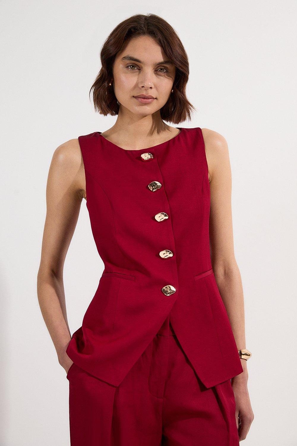 Linen Viscose Tailored Statement Button Front Waistcoat - Dark Pink