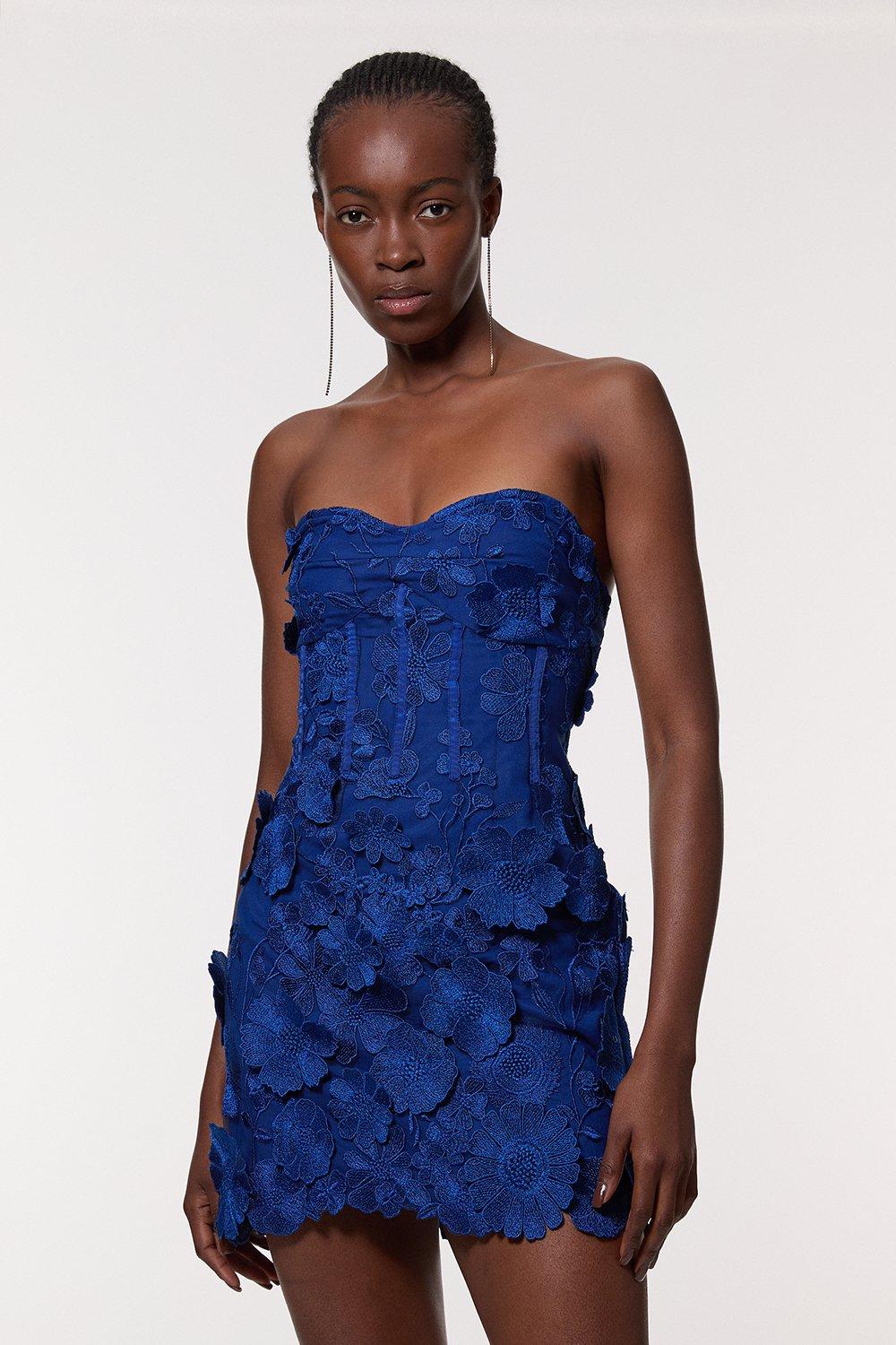 Floral Applique Structured Woven Mini Dress - Blue
