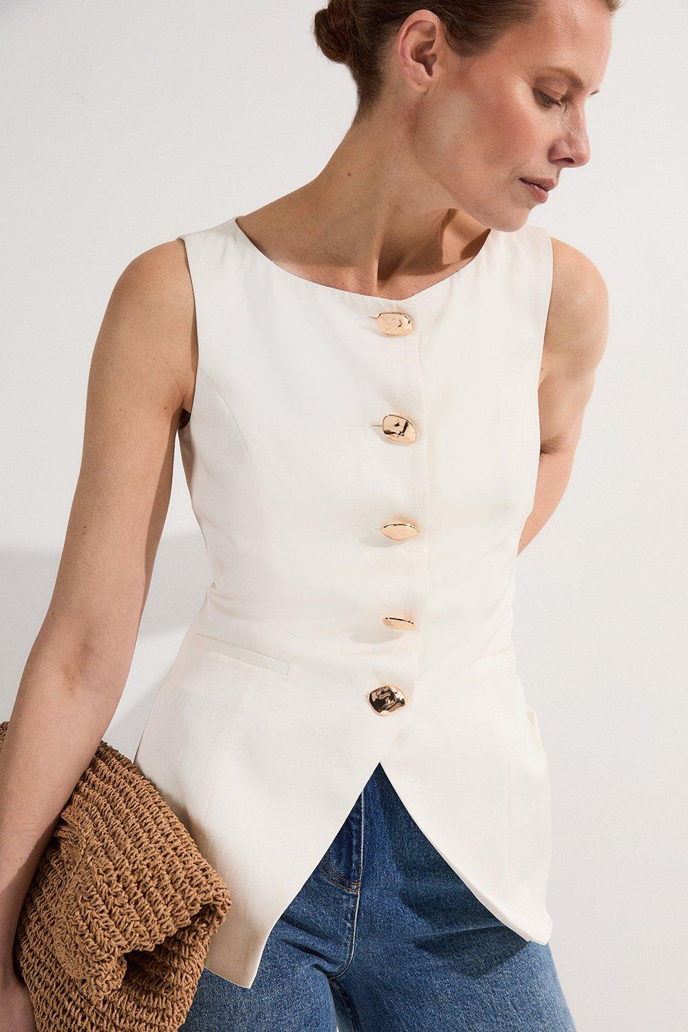 Petite Viscose Linen Tailored Statement Button Front Waistcoat – Ivory
