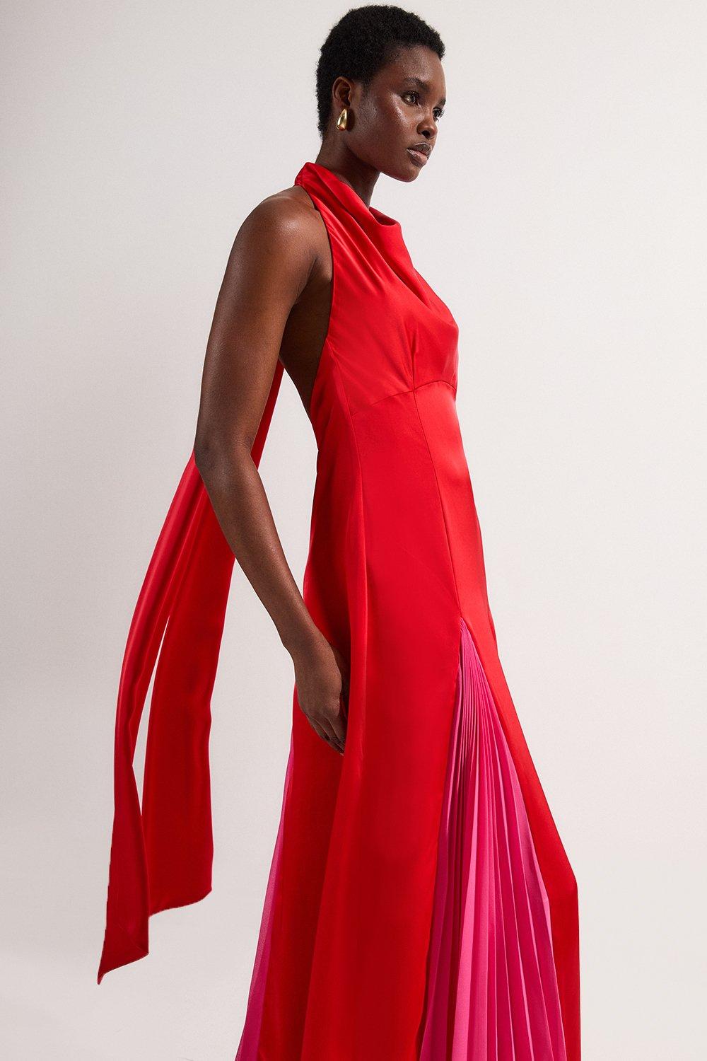 Drama Halter Pleat Insert Woven Maxi Dress - Red