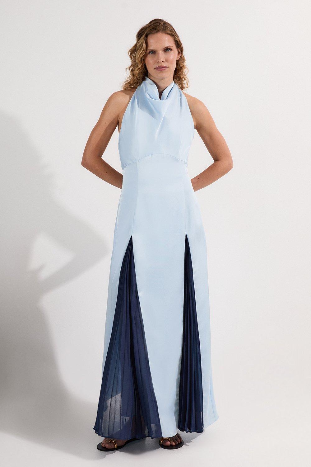 Drama Halter Pleat Insert Woven Maxi Dress - Blue