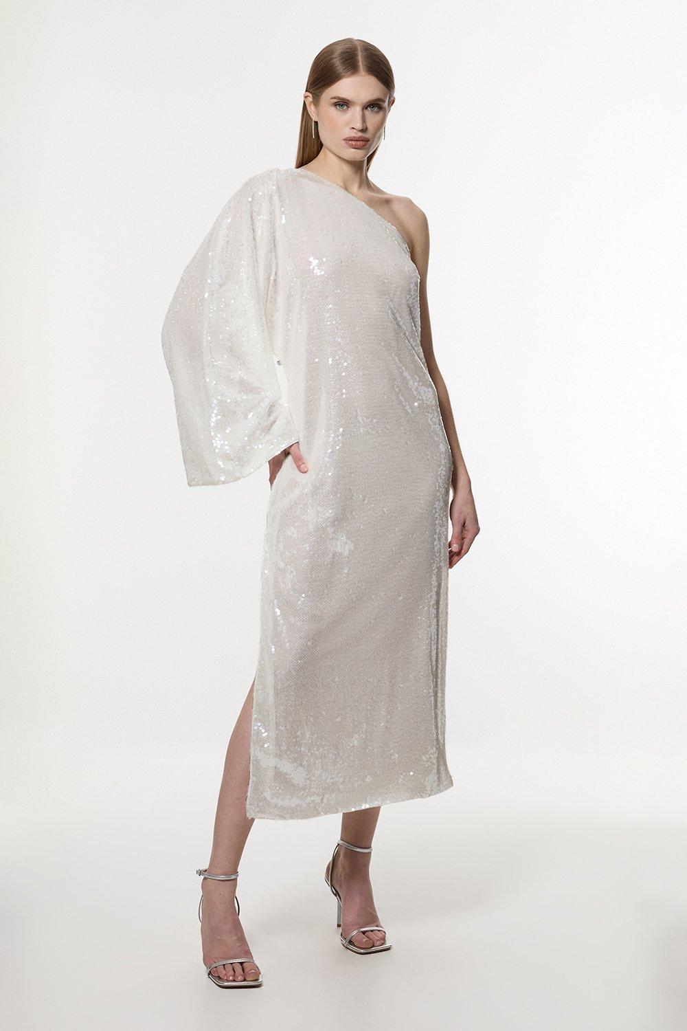 Liquid Shine One Shoulder Woven Sequin Dress - White