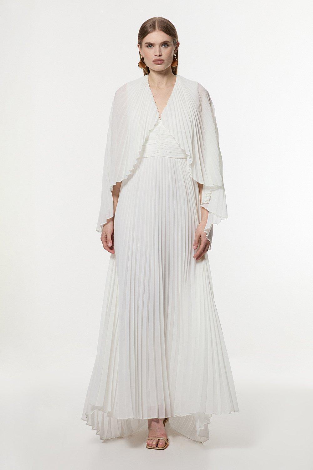 Petite Pleated Cape Sleeve Plunge Neck Maxi Dress - Ivory