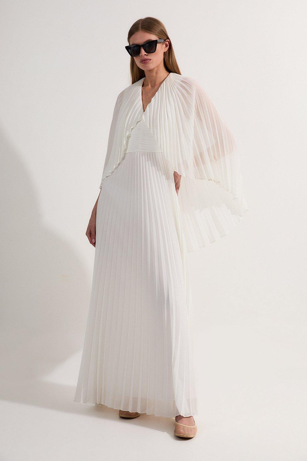 Pleated Cape Sleeve Plunge Neck Maxi Dress - Ivory