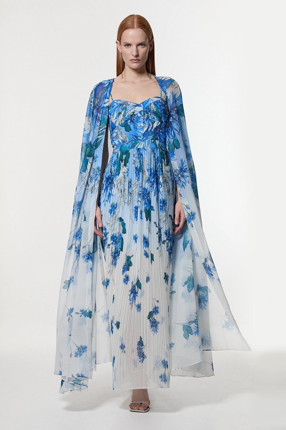 Scattered Floral Print Woven Pleated Cape Maxi Dress - Blue