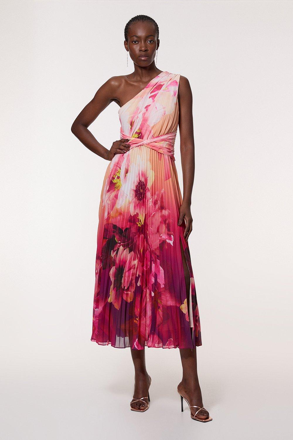 Ombre Floral Soft Pleated One Shoulder Maxi Dress - Purple