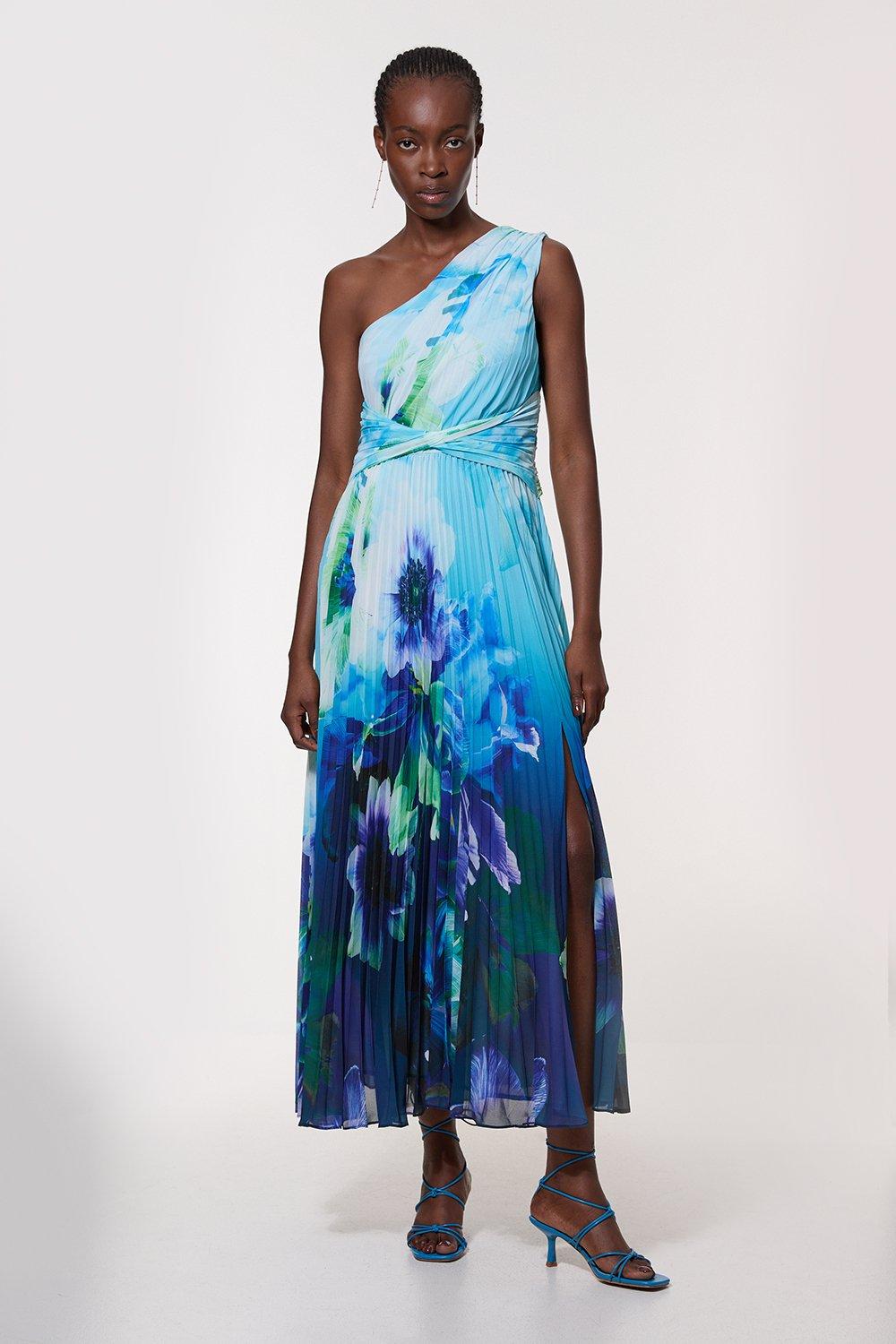 Ombre Floral Soft Pleated One Shoulder Maxi Dress - Blue