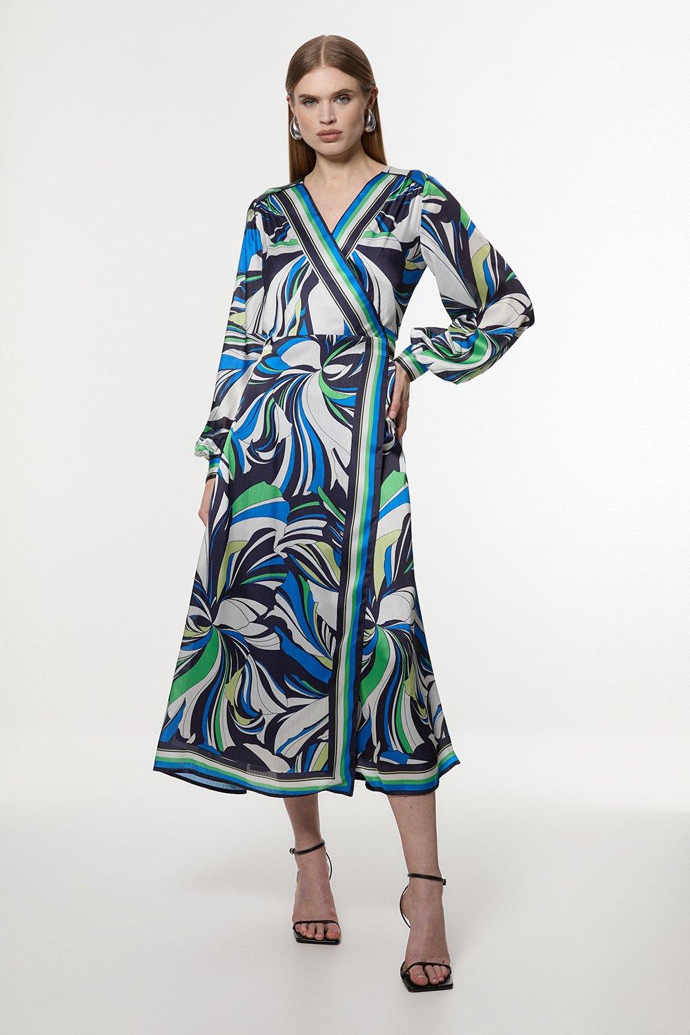 Floral Printed Woven Wrap Over Midi Dress - Blue