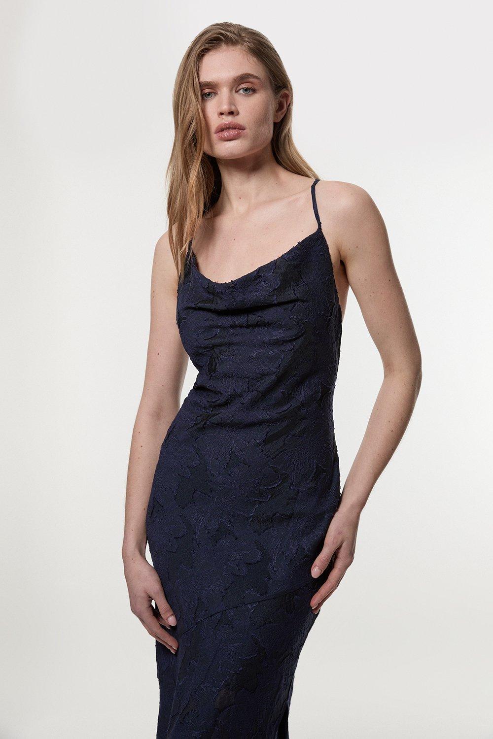 Burnout Jacquard Strappy Woven Slip Dress – Navy