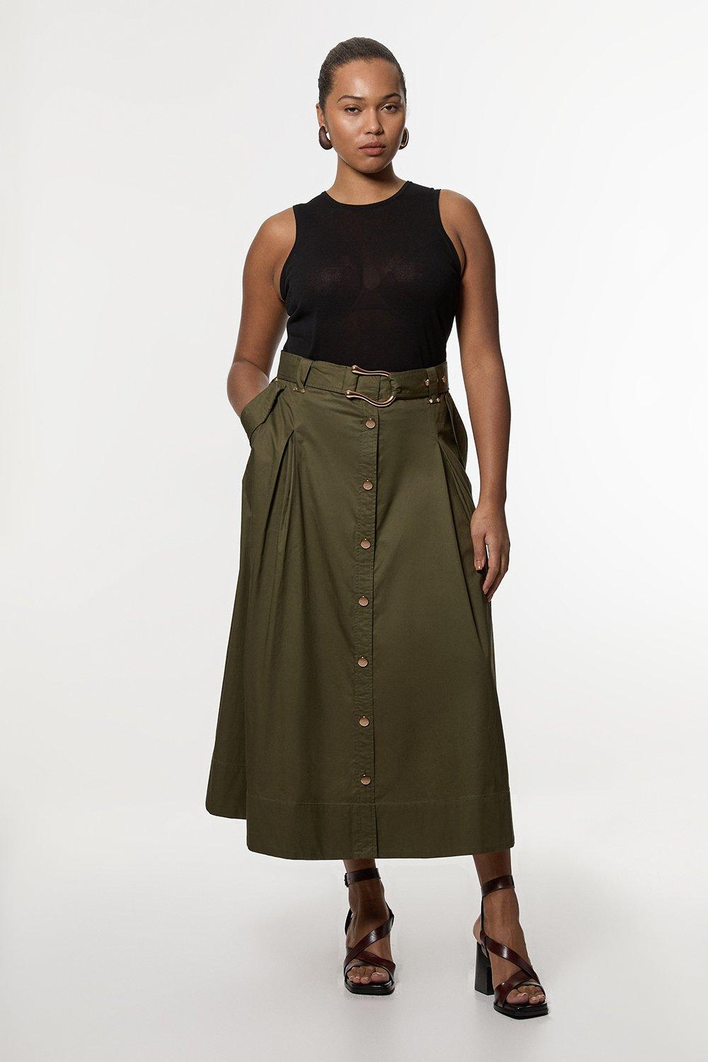 Plus Size Cotton Sateen Belt Detail Midi Skirt - Khaki/Green