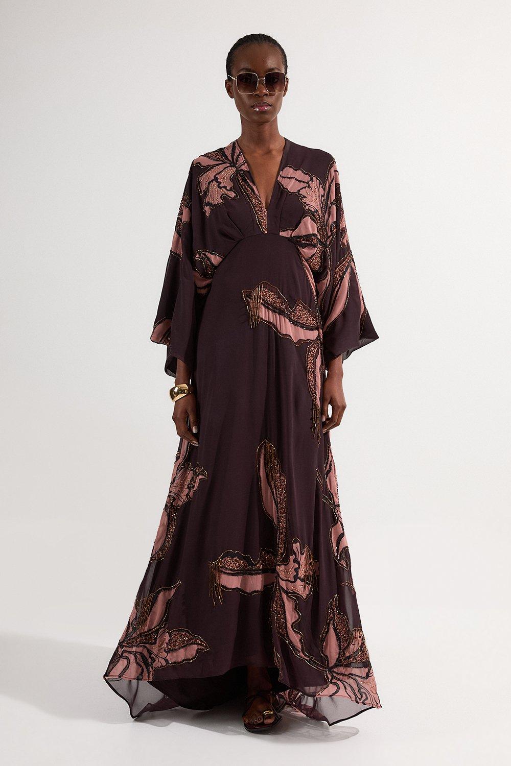 Drama Kimono Sleeve Printed And Beaded Woven Maxi Dress - Brown