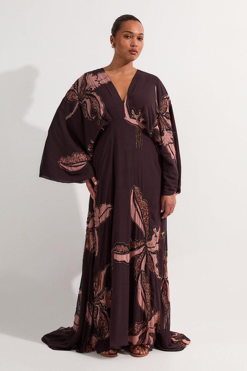Plus Size Drama Kimono Sleeve Printed And Beaded Woven Maxi Dress - Brown