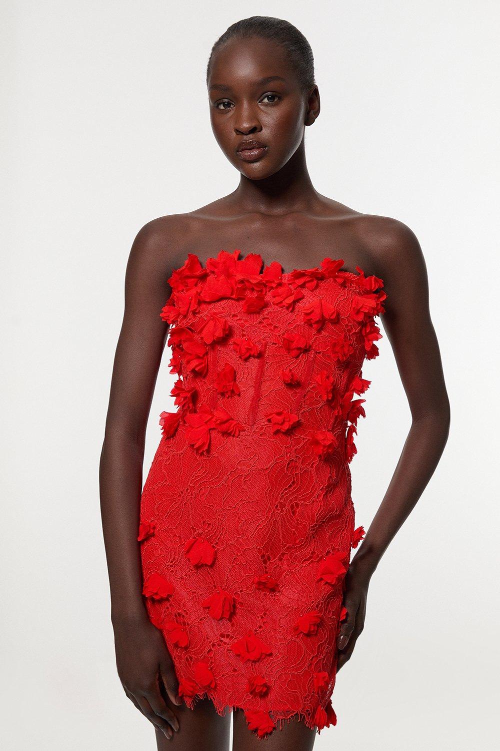 Petite Applique Lace Corset Woven Mini Dress - Red