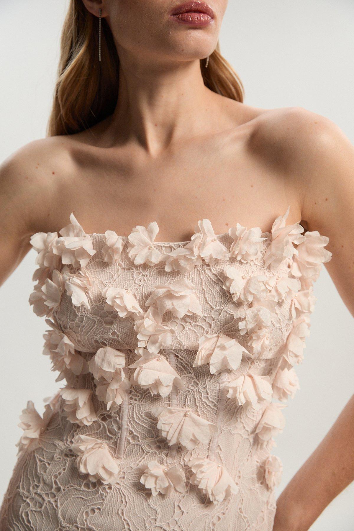Applique Lace Corset Woven Mini Dress - Natural